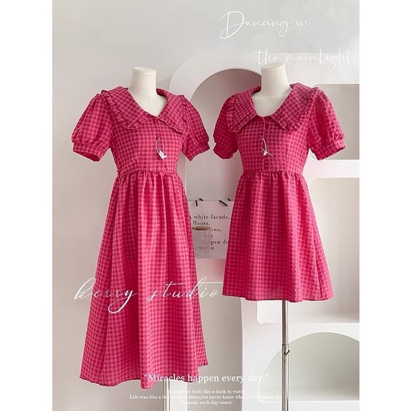 Váy Nữ, Váy Babydoll Kẻ Hồng Cổ Sen Bèo Phối Tay Phồng Phông Cách Thiểu Thư Siêu Xinh 39 | BigBuy360 - bigbuy360.vn