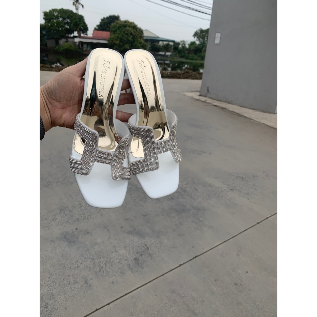 [ ảnh thật ] Guốc quai ngang chữ H gắn đá 2 mau trắng đen , guốc chữ H hàng đẹp cao 5p kèm box