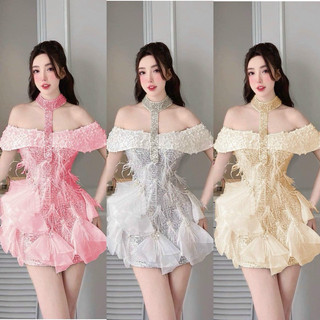 đầm cúp kim sa bet vai yếm đính hoa đá lông dự tiệc