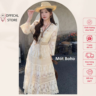 Váy ren tầng kem tay loe cổ V viền đen tua rua MÓT BOHO mã 14255