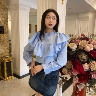 Áo kiểu nữ sang chảnh, áo sơ mi nữ croptop cổ bèo điệu phong cách hàn quốc