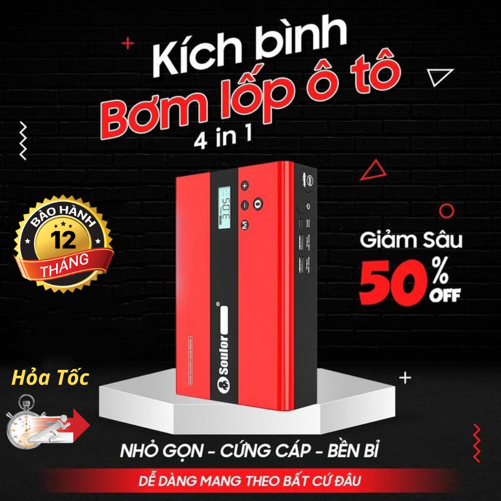 Bộ kích nổ kiêm bơm lốp ô tô Soulor đa năng cao cấp, Máy kích bình acquy, kèm bơm hơi 4 in1 chính hãng bảo hành 12 tháng