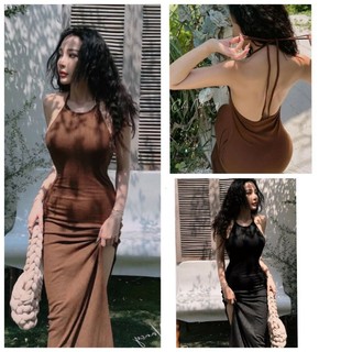 Đầm Body Maxi Xẻ Tà cổ yếm Cột Nơ Cổ tôn dáng phong cách sang trọng