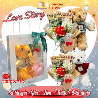 Set Quà Tặng Gấu bông mini cute 25cm, gấu Teddy mặc áo len, túi quà tặng người yêu tặng bạn trai bạn gái