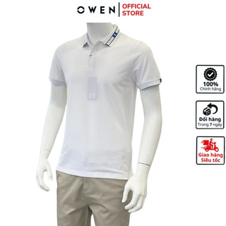 Áo thun cổ bẻ OWEN APV233203 polo nam ngắn tay trắng phối viền xanh vải CVC spandex mềm mại cao cấp phông dáng body fit