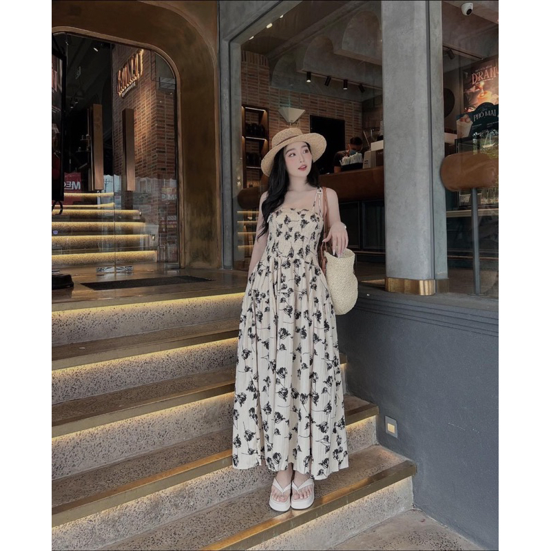 Váy Nữ, Váy Maxi Hoa Chun Ngực Buộc Dây Hot Hit 2 Màu, Đầm Nữ Maxi Dáng Dài Siêu Xinh 54 | BigBuy360 - bigbuy360.vn