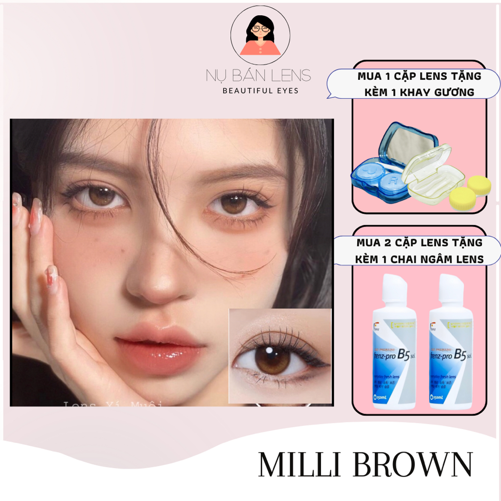 Kính áp tròng màu Milli Brown - Lens mắt không độ DIA 14.3 dễ đeo, không cuộm mắt, hạn sử dụng 6 thá