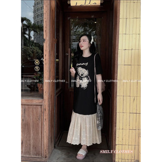 [SMILY] M294 Váy xuông gấu cổ tròn mix viền ren