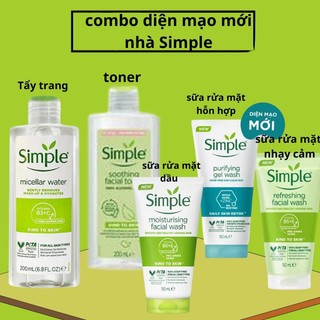 Combo Simple Tẩy trang Micellar + Sữa rửa mặt + Nước hoa hồng ngừa mụn hiệu quả
