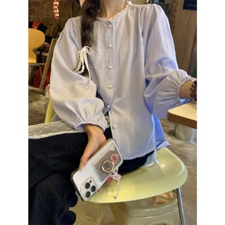 Áo sơ mi sọc xanh tay phồng phối ren taobao order