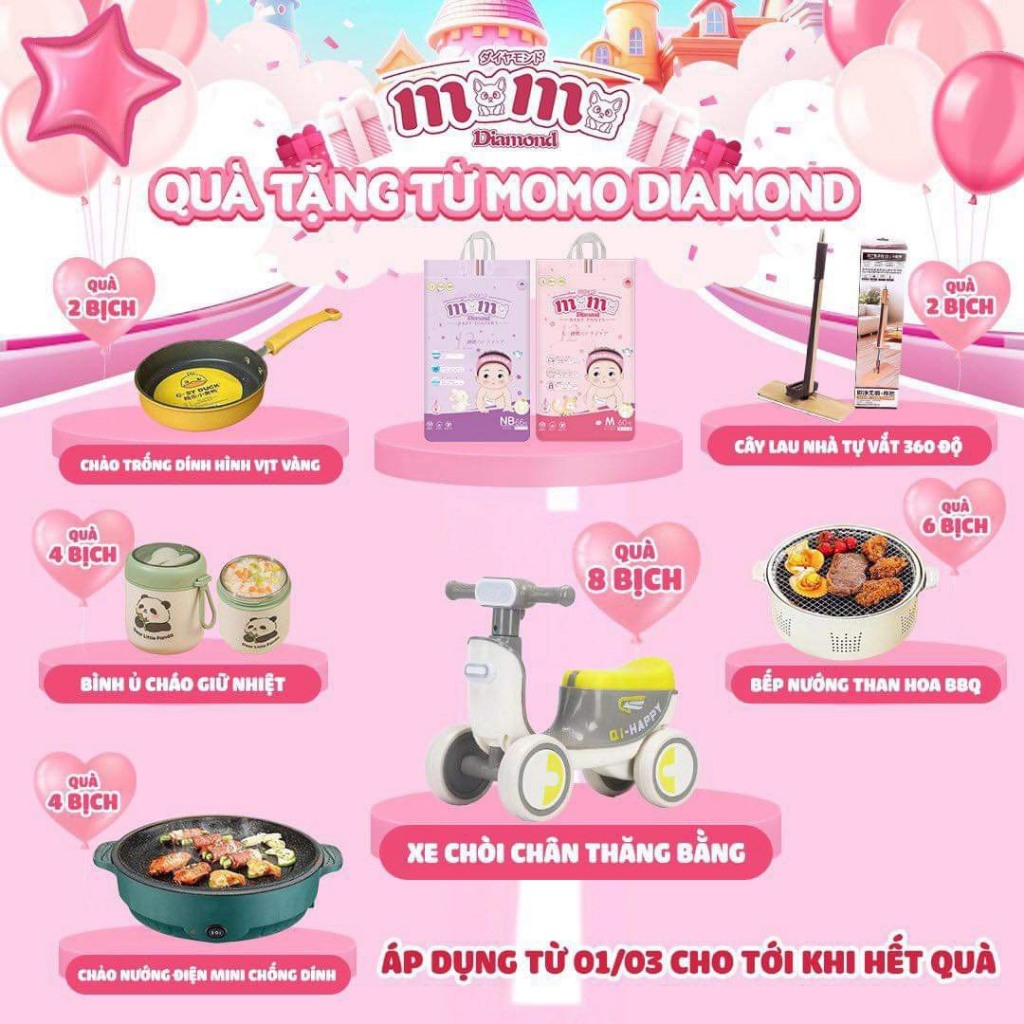 COMBO 2B TẶNG CHỔI LAU SÀN Bỉm tã dán quần MOMO DIAMOND S64 M60 L54 XL50