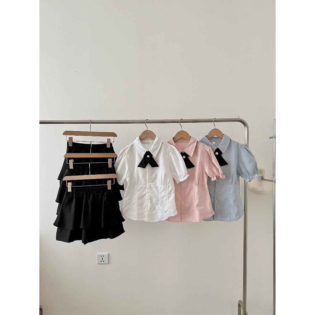 Set áo sơ mi kèm chân váy 2 tầng, áo tay phồng chiết eo tiểu thư xixeoshop - S89 | BigBuy360 - bigbuy360.vn