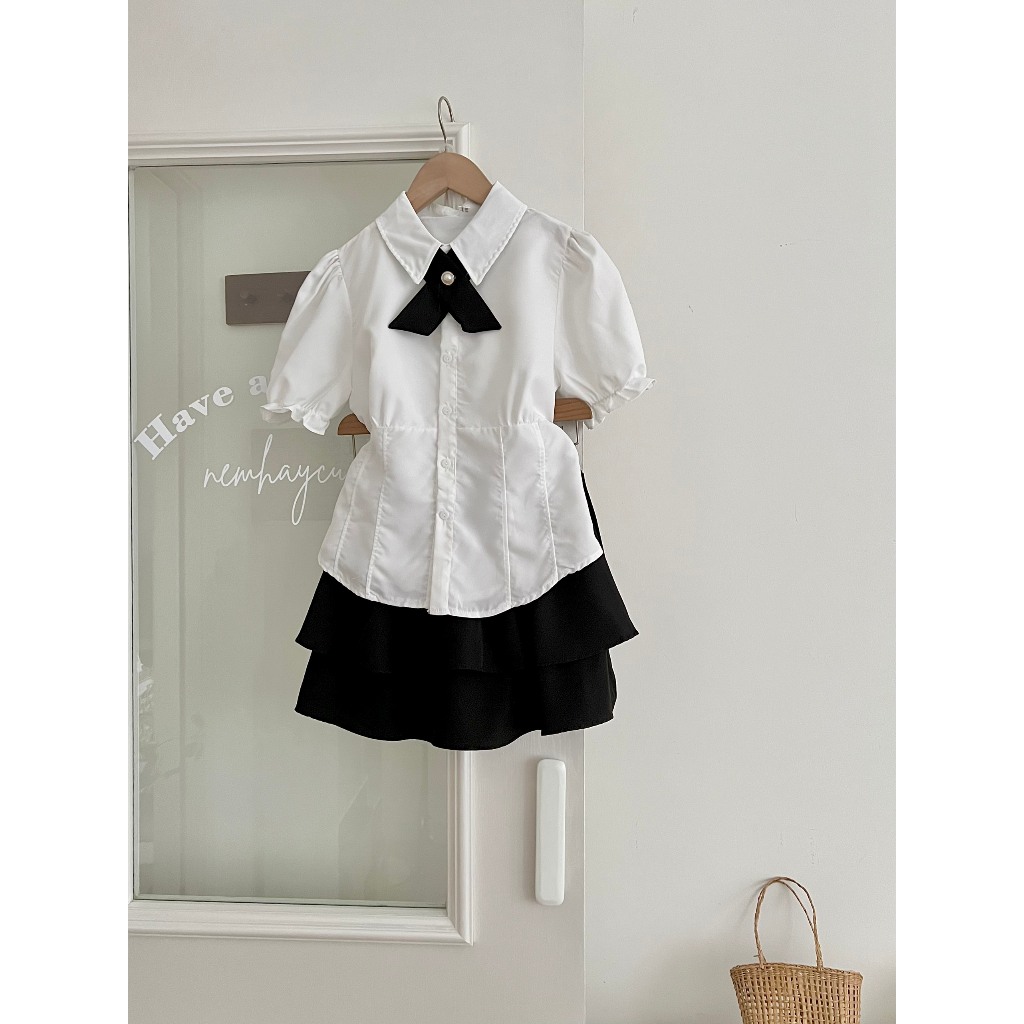 Set áo sơ mi kèm chân váy 2 tầng, áo tay phồng chiết eo tiểu thư xixeoshop - S89 | BigBuy360 - bigbuy360.vn