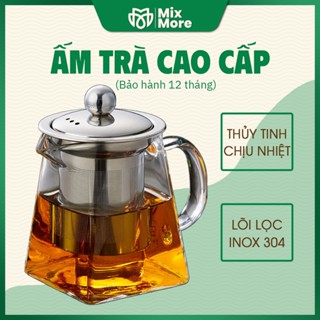 Ấm trà thủy tinh, ấm pha trà, bình trà đế vuông chịu nhiệt lõi lọc inox 304 thiết kế tối giản, hiện đại Mixmore