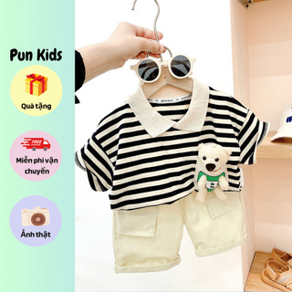 Set áo polo kẻ đen phối túi gấu cộc tay kèm quần kaki mềm cho bé trai từ 9-20kg BD84