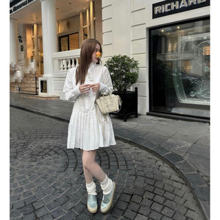 (Order) Váy Baby Doll Trắng Cổ Sơ Mi Xếp Ly
