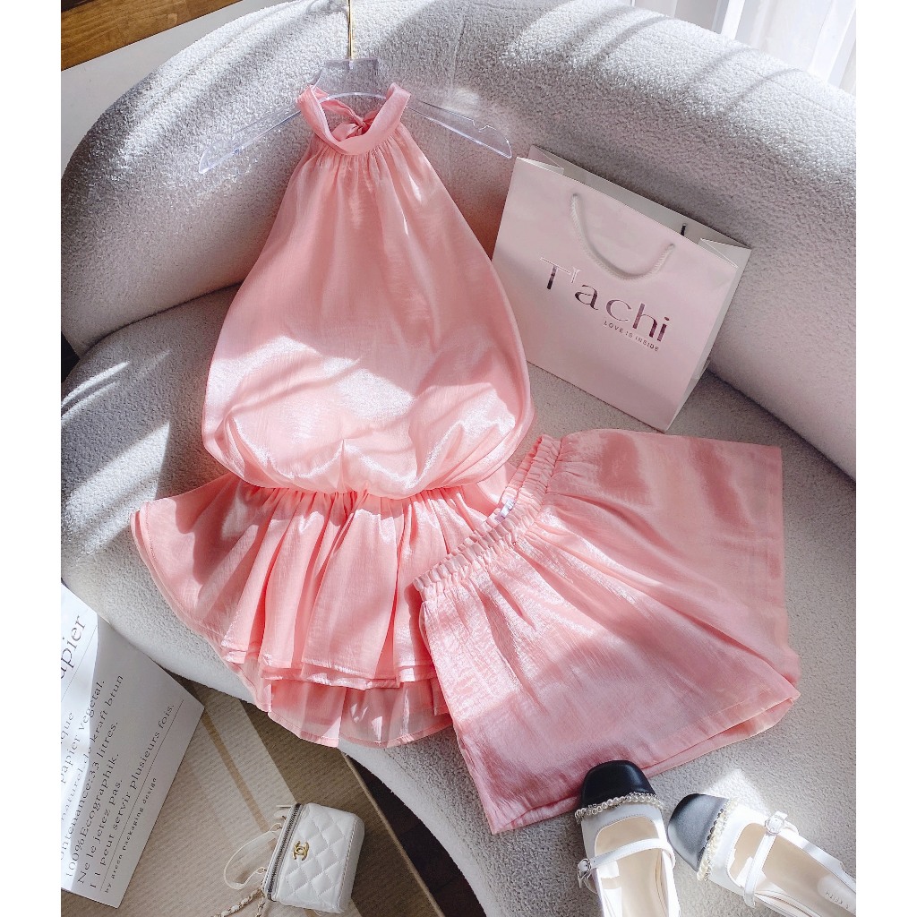SET ÁO YẾM DÁNG BÍ PHỒNG HỒNG CAM HỞ LƯNG + QUẦN SHORT HỒNG CAM (TH)