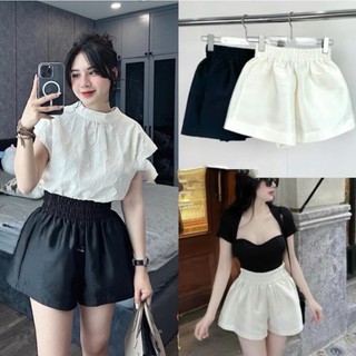 Quần short tacta phồng. quần đùi nữ cạp chun lưng cao 2 màu đen trắng
