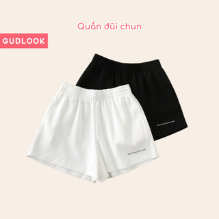 Quần Short Cạp Chun Chất Đũi GUDLOOK Unisex Hoạ Tiết Chữ 2 Màu Đen Trắng