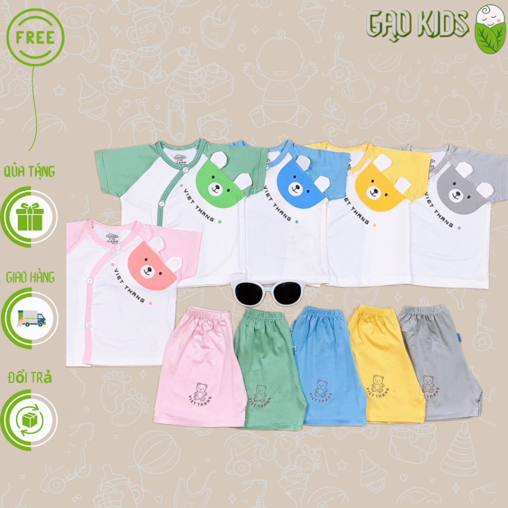 Bộ Quần áo sơ sinh cho bé bộ cộc tay cúc cài chéo chất liệu cotton thun lạnh cho bé họa tiết gấu siêu kute