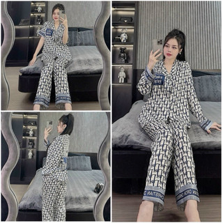 Đồ bộ Pyjama nữ thiết kế in 5D Hoạ tiết DO xanh lụa xước Sam cao cấp