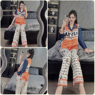 Đồ bộ Pyjama nữ thiết kế in 5D hoạ tiết chữ lụa xước Sam cao cấp