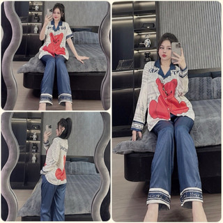 Đồ bộ Pyjama nữ thiết kế in 5D Gấu đỏ lụa xước Sam cao cấp