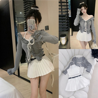 set cổ sen áo croptop + chân váy midi siêu xinh