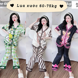 Bộ ngủ Lụa xước latin tiểu thư mát mịn bộ mặc nhà pijama gấu dâu chữ hiệu trơn - HAI CHỊ EM Homewear