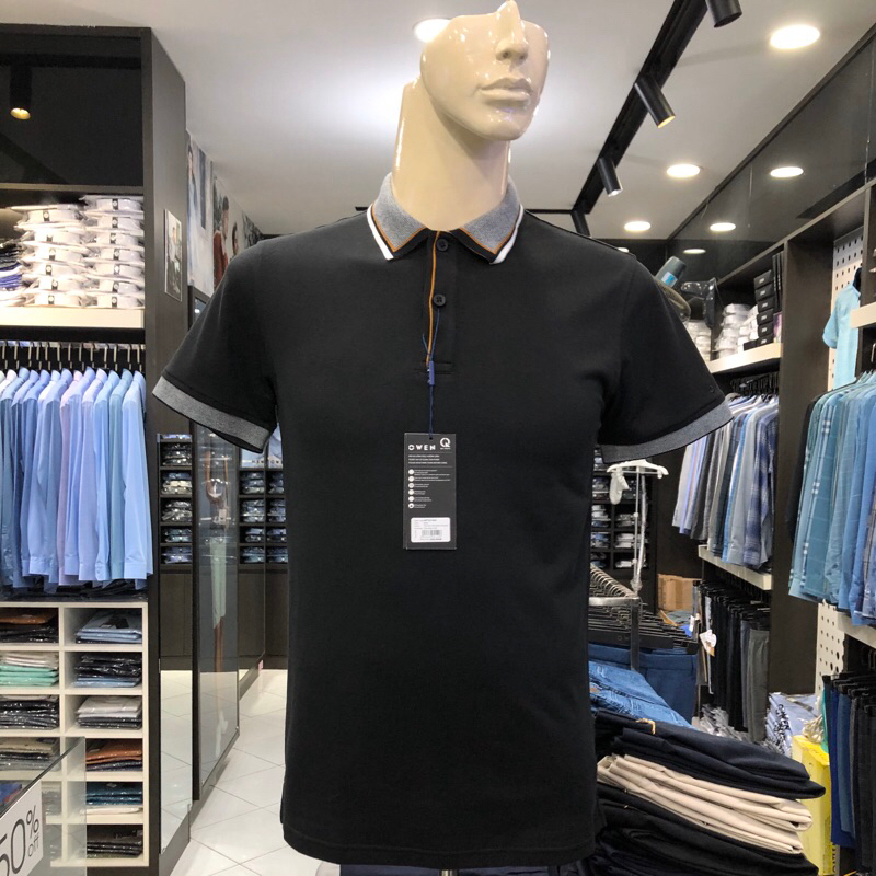 Áo polo owen màu đen body fit vải cotton APT231403