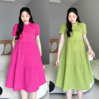 Váy babydoll, đầm bầu cổ tròn tay ngắn chất đũi xốp gân dáng dài mặc thời trang công sở