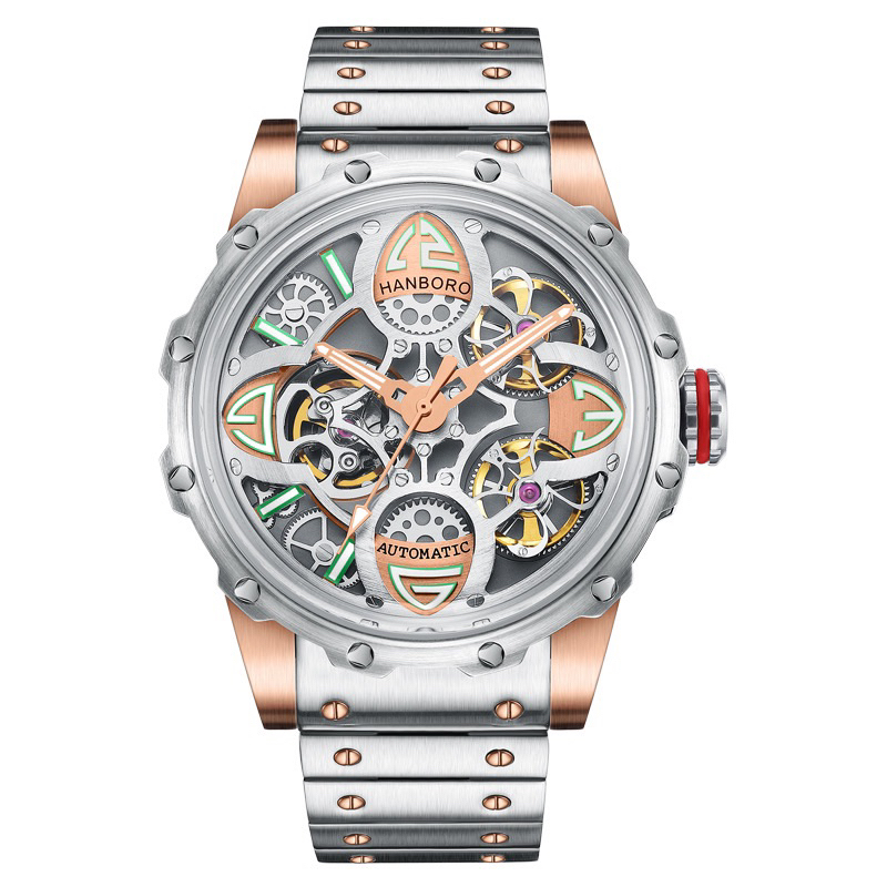 Đồng hồ nam Hanboro Huboler automatic dây da đen silver 42mm chính hãng