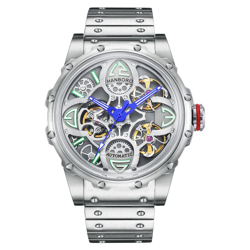 Đồng hồ nam Hanboro Huboler automatic dây da đen silver 42mm chính hãng