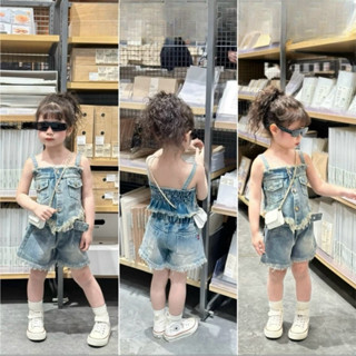 Sét jean 2 dây quần jean rách cạp Y HÌNH cho bé gái