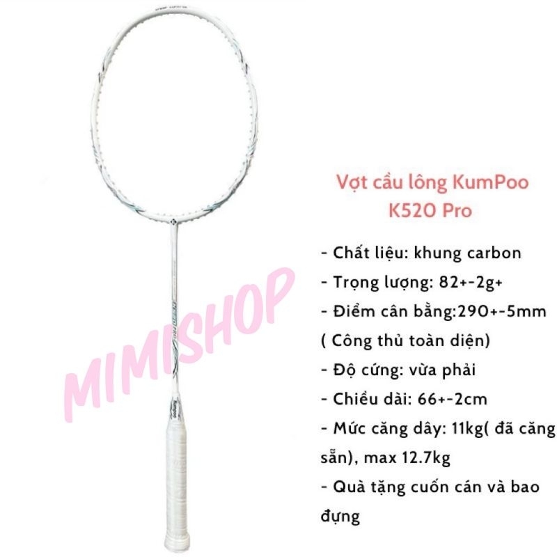 Vợt cầu lông Kumpoo K520 Pro chính hãng, căng sẵn 11kg tặng kèm bao đựng và quấn cán, tặng cầu