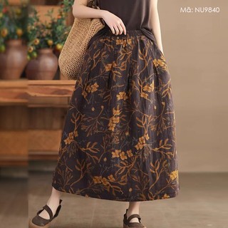 Chân váy linen retro lưng thun kamaka in hoa mùa xuân - nu9840
