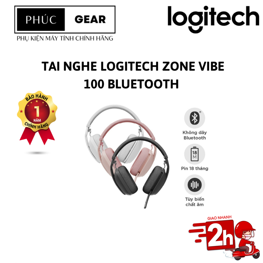 Tai nghe không dây Logitech Zone Vibe 100 - Nhẹ, micrô khử ồn, Bluetooth đa điểm - Bảo hành 12 tháng - HÀNG CHÍNH HÃNG