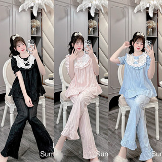 Bộ ngủ kẻ đũi xô tiểu thư tay ngắn mát mịn bộ mặc nhà pijama gấu dâu chữ hiệu trơn - HAI CHỊ EM Homewear
