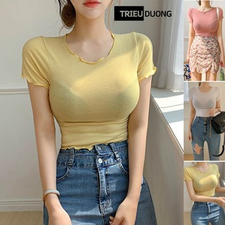  Áo thun giấy nữ cộc tay mỏng form ôm co giãn free size dưới 55kg - 2083 -trieuduong08 