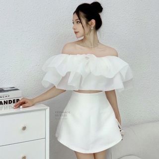 Áo bồng trễ vai và chân váy quần, set áo crotop + chân váy chất liệu organza + tafta sang chảnh lisa storee