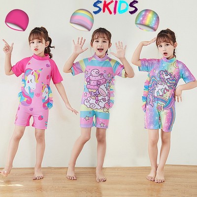 Đồ bơi bé gái đi biển SKIDS sét đồ bơi cho trẻ em liền thân họa tiết kỳ lân tặng kèm mũ đáng yêu