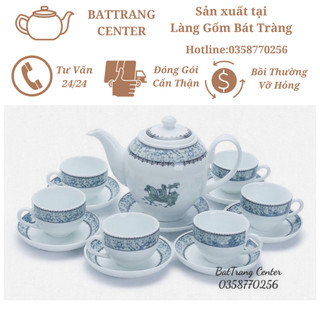 (7 MẪU)Ấm chén pha trà Bát Tràng-men Trắng vẽ Vinh Quy Bái Tổ,Viền Hoàng Gia, -dáng Minh Long 500ml