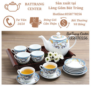 (7 MẪU)Ấm chén pha trà Bát Tràng-men Trắng vẽ Viền Hiện Đại,hoa Đào,Chữ Tâm-dáng Minh Long 500ml