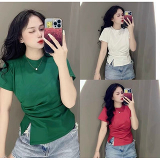 Áo cổ tròn xếp eo xẻ tà - al16