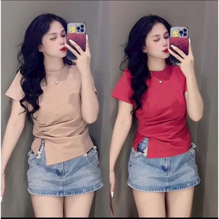 Áo cổ tròn xếp eo xẻ tà - AL16