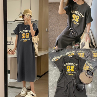 Đầm suông cotton, váy thun dáng dài in số 92 form rộng thời trang hai màu