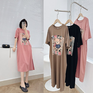 Đầm suông cotton, váy thun dáng dài in Gấu form rộng thời trang nhiều màu