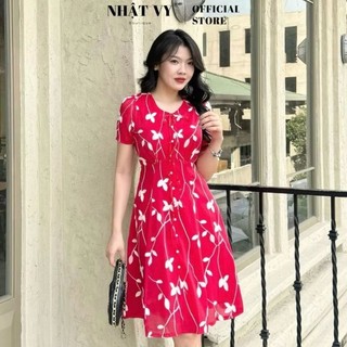 Đầm Nhật Vy cổ tim thắt nơ đính nút form dáng xoè chất voan tơ thêu - D2946 màu đỏ size M