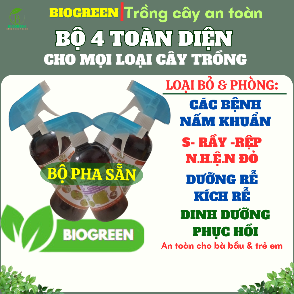 Bộ 4 chai pha sẵn Biogreen chăm sóc toàn diện cho mọi loại cây trồng cây cảnh, sen đá, lan, hoa hồng, rau các loại