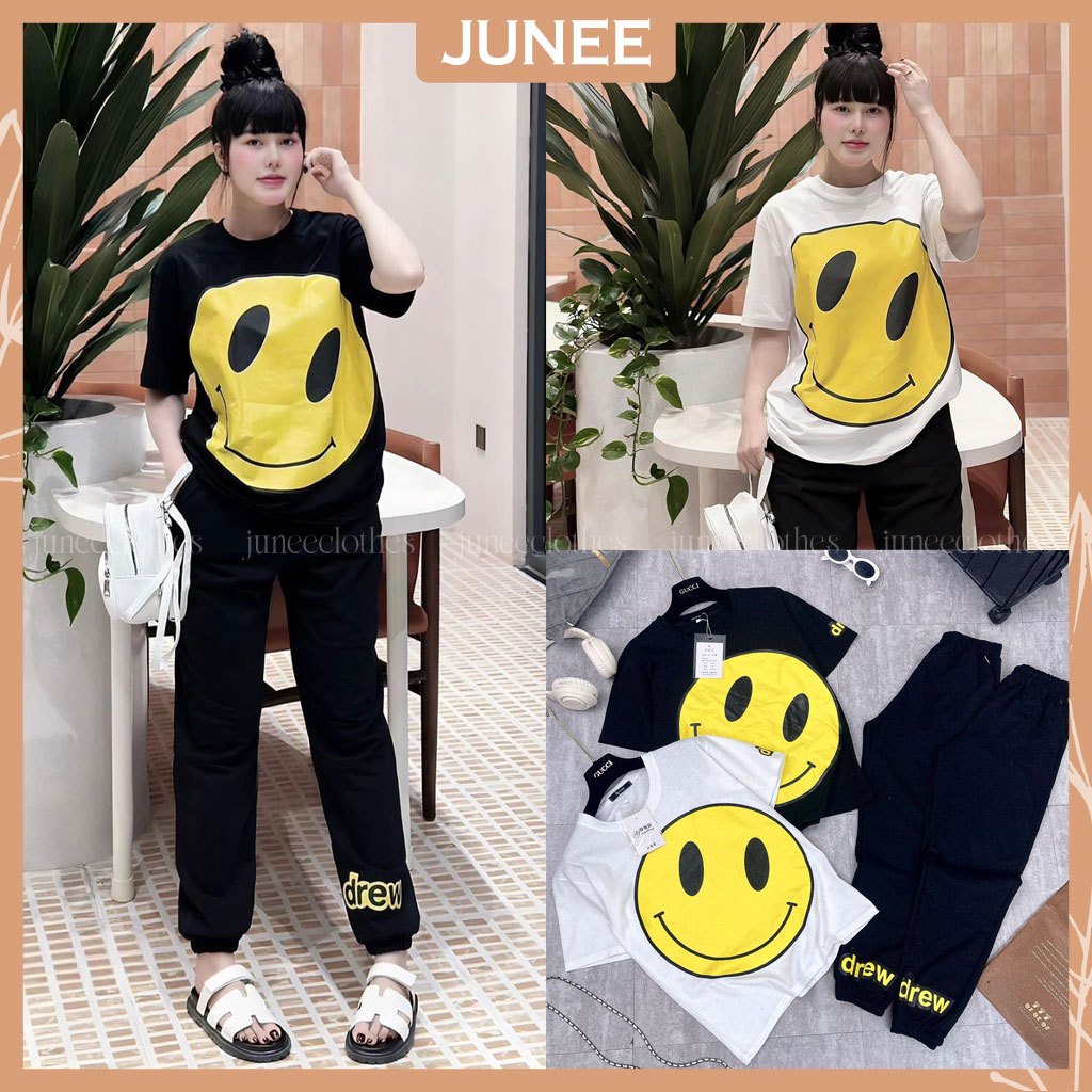 Set Bộ Đồ Nữ DRE.W Áo Phông Hình In Mặt Cười To Bản Chất Cotton Mix Quần Jogger Phối Chữ Ống Dáng Freesize